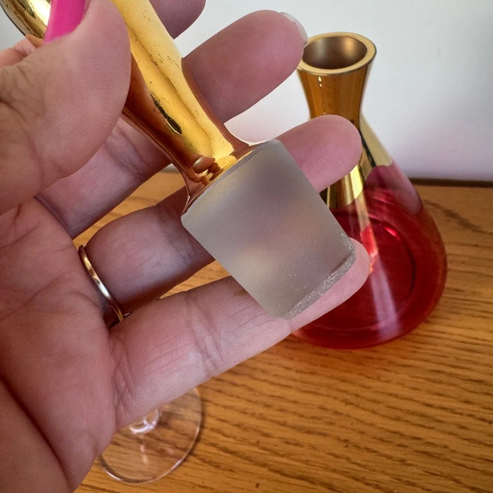 Vintage MCM Cranberry Glass Decanter and 2 Cordial Glasses Gold Trim‎ Set